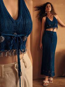 MOTF PREMIUM WOMEN'S RHINESTONE BEADED VACATION CROP HALTER KNIT TOP - Blue - View 1