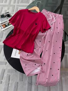 SHEIN 少女春夏休闲度假通勤爱心印花短袖T恤和条纹抽绳阔腿裤套装 - 紅色 - 查看 7