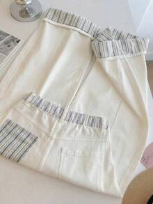 EMERY ROSE Plus Size Women Striped Patchwork Pocket Button Denim Jeans - White - View 2