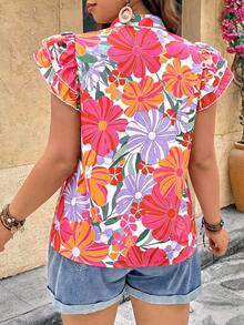 Breezaya Blusa con cuello en V, mangas con volantes y estampado floral para mujer de talla grande - Multicolor - Ver 2