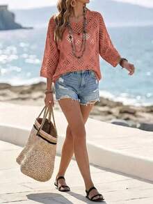 EMERY ROSE Women's Solid Color Hollow Casual Versatile Daily Wear Sweater - Watermelon Pink - View 2