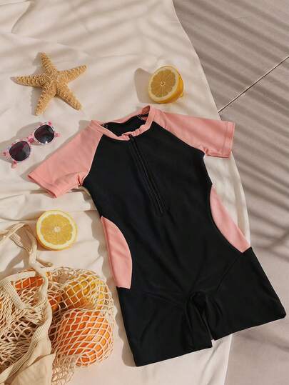 DAZY Toddler Girls' Colorblock Korean Style Short Sleeve Swimsuit