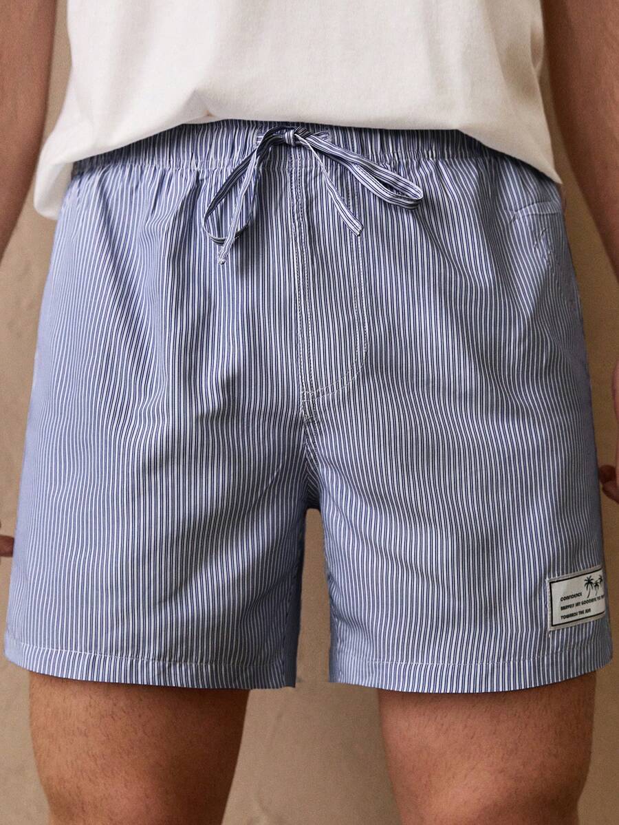 Manfinity VCAY Pantalones cortos rectos de cintura media con cordón y rayas verticales tejidas para hombre - Multicolor - Ver 1