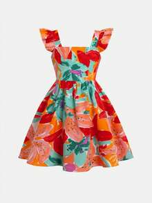 Young Girl Casual Tropical Cute Flutter Sleeve Bow Back A-Line Dress, Tropical Print - Orange - View 4