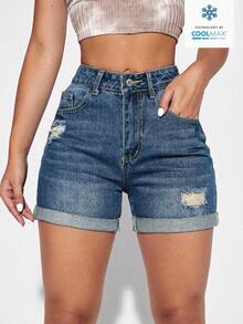 Rivivi Plus Size Women's Non-Stretch Denim Shorts, Casual Distressed Washed Denim Shorts - Medium Wash - View 1