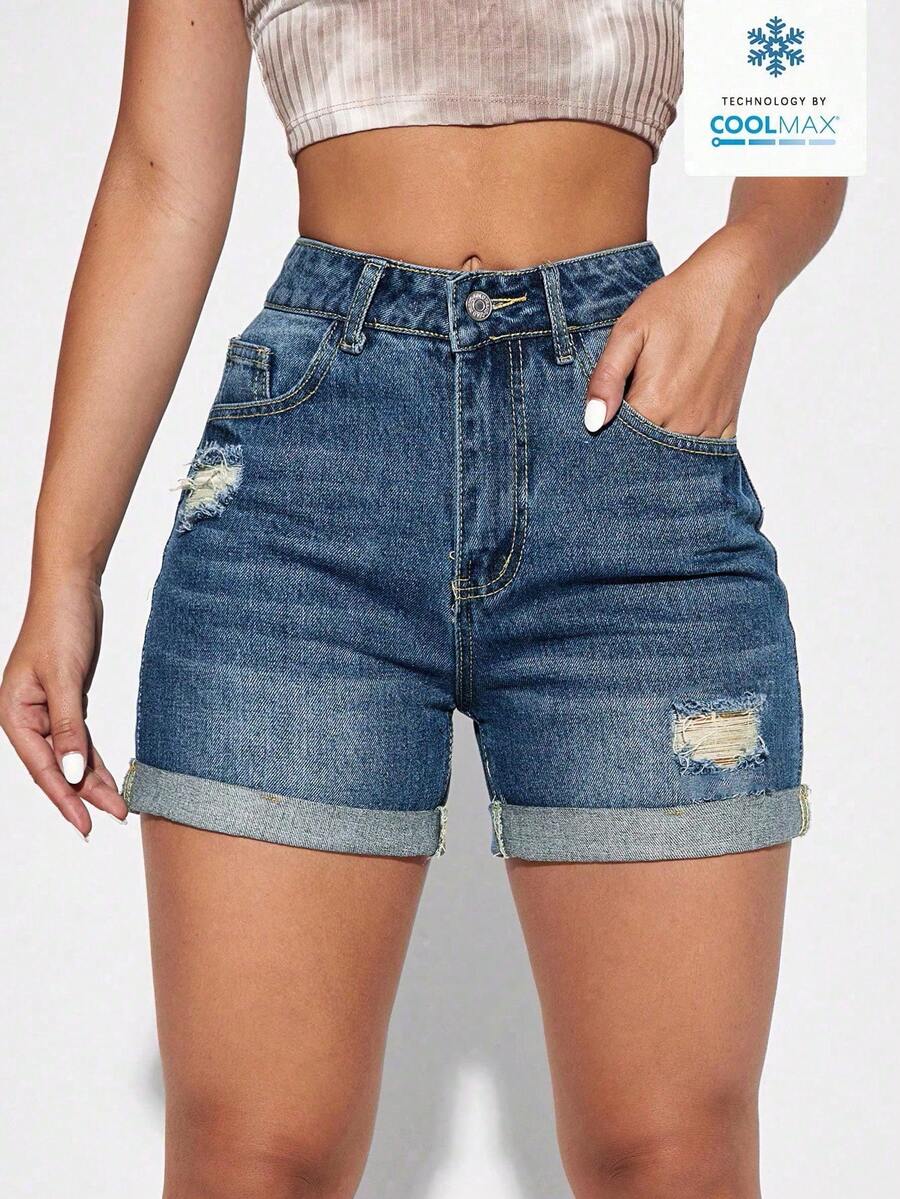 Rivivi Plus Size Women's Non-Stretch Denim Shorts, Casual Distressed Washed Denim Shorts - Medium Wash - View 1