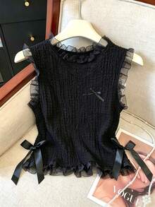 SHEIN Franclia 女士夏季黑色极简无袖圆领拼接荷叶边针织纹理衬衫，适合日常通勤和休闲穿着 - 彩色 - 查看 3