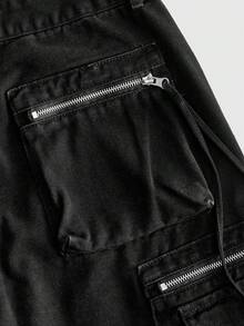 ROMWE MEN Pantalones cortos vaqueros de corte holgado para hombre con bolsillos con solapa - Negro - Ver 3