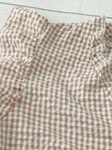 SHEIN LUNE CURVE Áo kiểu nữ cỡ lớn cổ điển kẻ caro, chất liệu vải dệt, cổ chữ V, tay cánh hoa, viền bèo nhún, dáng ôm vừa vặn, kiểu dáng thường ngày. - Màu Khaki - Xem 4