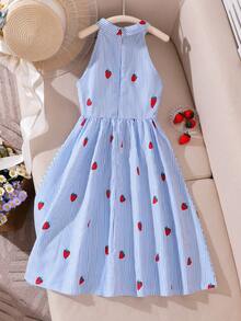 Elladie kids Đầm bé gái in hình dâu tây ngọt ngào, màu xanh nhạt kẻ sọc, cổ yếm, dáng chữ A xòe dài đến đầu gối, chất liệu cotton lanh mềm mại, thích hợp cho kỳ nghỉ, phong cách ngọt ngào. - Màu xanh lam - Xem 2