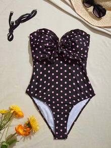 Swim Mod 1 pieza Traje de baño con volantes, lazo y tirantes ajustables y desmontables con estampado de lunares 2026, estilo casual de playa y vacaciones para mujeres - Multicolor - Ver 3