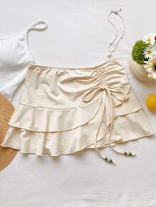 Comfortcana Women's Solid Color Drawstring Design Ruffle Hem Fashionable Skirt Beach White Autumn Cute - Apricot - View 7