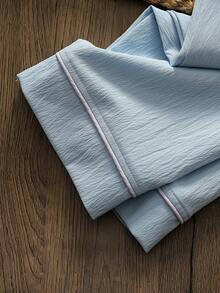 Young Girl' Sweet Minimalist Blue Textured Crinkle Fabric Lavender Sprig Decor Chest Rabbit Embroidery Blue Bow Short Sleeve Top And Pants Comfortable 2-Piece Pajama Set - Blue - View 9