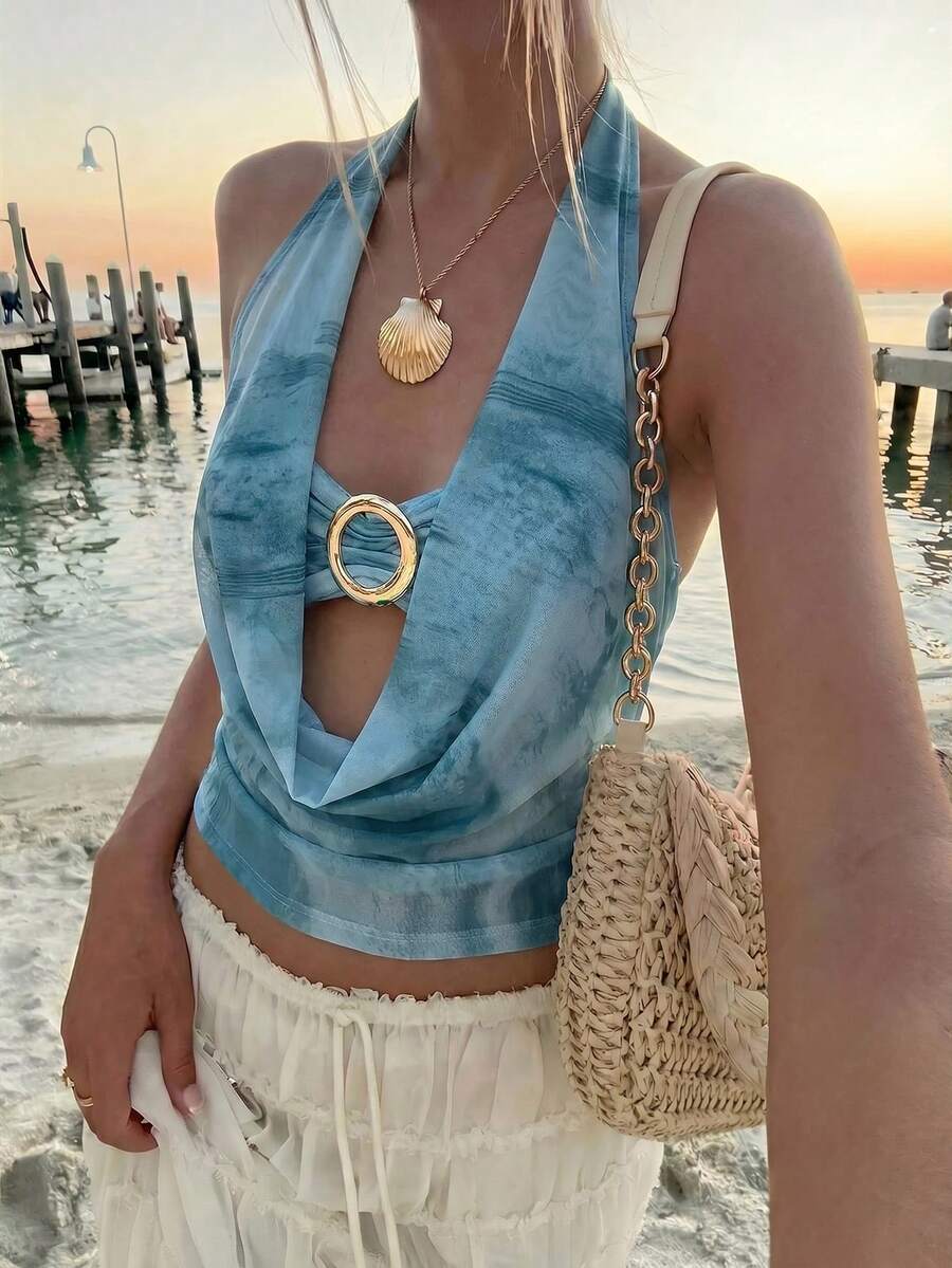 Aloruh 女款春夏新款紮染印花波希米亞風垂領 2 合 1 綁帶上衣,音樂節夏季上衣 - 水鴨藍 - 查看 1