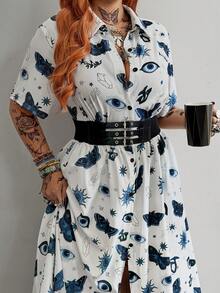 Whyspr Fashionable Shirt Collar Short Sleeve Printed Dress - White - View 6