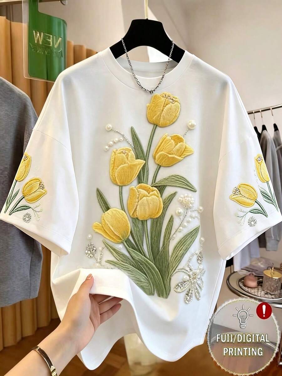 Qadelle Áo thun nữ, thêu giả, in họa tiết đính cườm giả, cổ tròn, tay ngắn, thích hợp mặc hàng ngày và hẹn hò, mùa hè. - trắng - Xem 1