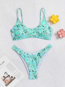 Swim Mod 2pcs/Set Set Bikini Wanita Motif Bunga Acak Warna-warni Lucu untuk Liburan Pantai Musim Panas - Hijau - View 3