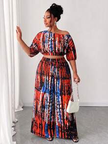 Maweii Setelan 2 Potong Lengan Pendek Kerah Asimetris Motif Fashion Ukuran Plus - MultiWarna - View 3