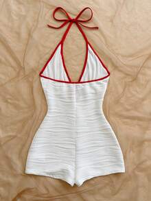 Soleia Bộ jumpsuit nữ dáng ôm vừa vặn, cổ chữ V, buộc nơ phía trước, khoét lỗ, viền phối màu tương phản, thích hợp cho tiệc tùng, hẹn hò, trà chiều, đi biển. - Đỏ và trắng - Xem 2