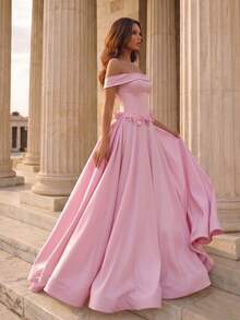Glamrae Elegant Pink Luxurious Satin Dress Handcrafted 3D Floral Embellishments Off-The-Shoulder Asymmetrical Waistline Full Skirt Formal Evening Gown - Pink - View 5
