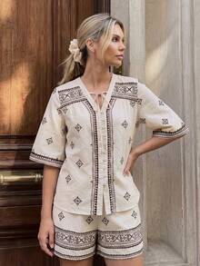 SHEIN Unity 2件套 女士新款春夏短袖衬衫上衣和短裤套装 - 彩色 - 查看 4