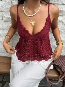 Sweetra Áo hai dây dệt kim cổ chữ V hở lưng ôm sát, gợi cảm, dễ thương, màu đỏ rượu vang mới, phối tương phản, có nơ, kiểu dáng mùa hè. - Màu Đỏ Sâu - Xem 4