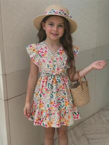 Emery Rose Kids Emery Rose Kids 少女碎花V领荷叶边短袖连衣裙，度假风 - 粉色 - 查看 3