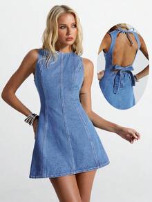 Jeanoix Đầm denim hở lưng đa năng thời trang dành cho nữ - Rửa nhẹ - Xem 4