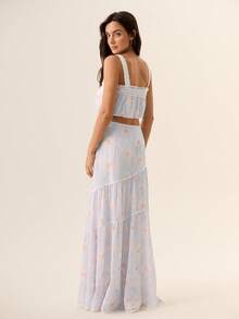 Willow Rêve Women's Light Blue Floral Print Lace Trim Cropped Camisole Top And Maxi Skirt 2-Piece Set Holiday Vacation Summer Boho Cottagecore Romantic Picnic - Blue - View 2
