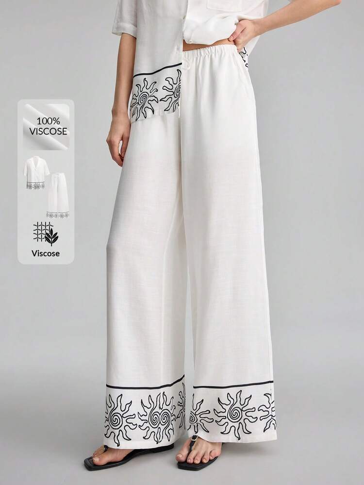 Women's Black N White Hand-Painted Sun, Floral Plant Print Relaxed Fit Blouse With Dropped Shoulder, Elastic Waist Pants, Bohemian Casual Beach Holiday Vacation Vacation, Urban Chic Business Casual, High-Quality Airport, Cruise, Wedding Guest Outfit, Minimalist Luxe Feel, Versatile 2-Piece Set All-Season Versatile Modern Urban Fashion Business Casual Women's Wear Office Attire Understated Old-Money Style, Elegant And Sophisticated, High-Quality Commuter And Airport Clothes Holiday Summer