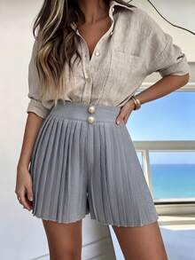 Selianne Waist Cinching Pleated Button Decor Elegant Minimalist Commuter Shorts For Women - Grey - View 5