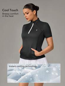 OutZeal Kaos Olahraga Wanita Hitam untuk Gym, Golf, Musim Panas, Perlindungan UV UPF50+, Sentuhan Dingin, Bagian Depan Setengah Resleting, Lengan Pendek - Hitam - View 2