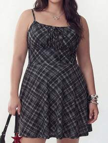 Solavibe Elegant Black And White Summer 1950s Vintage Plaid Mini Dress For Women,Sweetheart Neck Spaghetti Strap Beach Holiday Vacation Picnic Sun Dresses - Grey - View 4