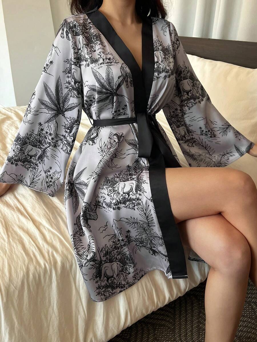 DAZY 女士V领印花打结腰身休闲家居服睡袍 - 藍色 - 查看 1