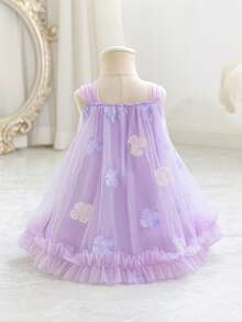 Elladie kids Đầm công chúa chữ A màu tím cho bé gái, mềm mại và duyên dáng, họa tiết hoa, thích hợp cho tiệc vườn, kỳ nghỉ hè, trang phục dự tiệc và đám cưới, bé gái phù dâu, phong cách Âu Mỹ. - Màu tím - Xem 2