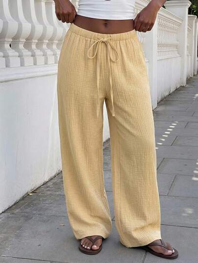 FavEase 2026 New Soft Cotton Gauze Casual Loose Waist Straight Leg Pants, Low Waist Solid Color Leisure Pants For Women, Pale Yellow Wide Leg Pants Woman Beach Pants For Women Women's Summer Pants Boho Pants For Women Loose Pants For Women Wide Leg Pants Woman High Waist Zenske Pantalone