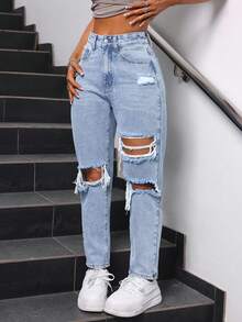 SHEIN ICON Plus Size Solid Color Distressed Slant Pocket High Waist Jeans - Blue - View 5