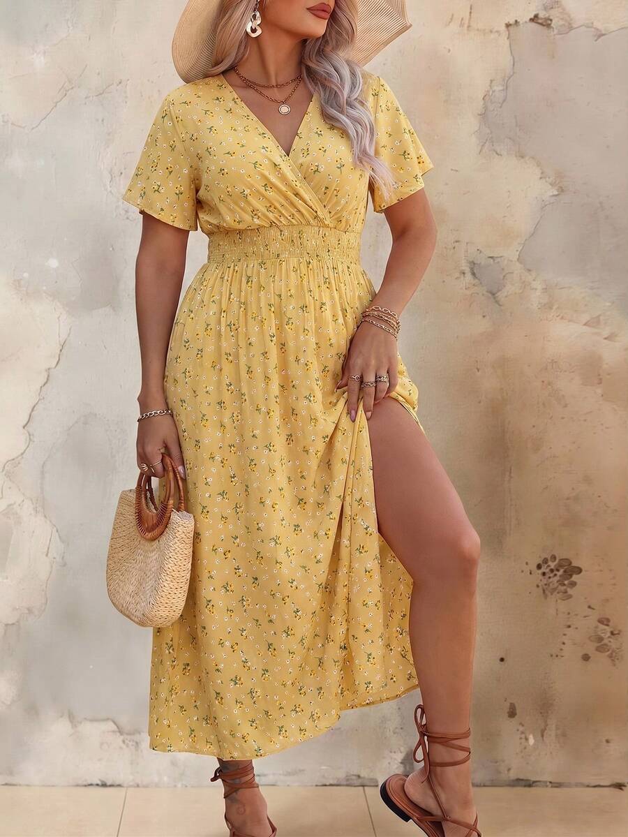Ceyna 大码女装夏季度假风碎花重叠V领荷叶边短袖连衣裙黄色长裙黄色长裙女装黄色度假连衣裙 - 黃色 - 查看 1