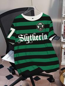 HARRY POTTER X SHEIN 大尺碼夏季休閒 90 年代拼色條紋字母印花 T 恤 條紋 開學季 約會之夜 約會 時尚週 綠色 度假 - 白色 - 查看 1