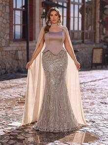 Glamrae Plus Size Elegant Luxurious Pearl & Sequin Floral Mermaid Hem Dress, Elastic Satin Halter Neck, Suitable For Wedding, Party, Vacation, Prom, Evening Gown Plus Size Evening Gown Luxury Evening Gown Glitz And Glamour Formal Evening Gown Shimmering Formal Dress Luxury Dresses For Women Elegant Special Occasion Dress Glitz And Glamour Formal Gown - Khaki - View 2