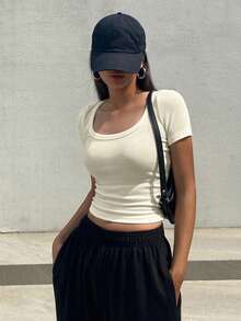 DAZY Solid Slim-Fit Short Sleeve Ribbed T-Shirt With Round Neck,Crop Tops Women - Beige - View 4