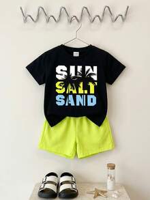 SHEIN Playful Pals Infant Toddler Baby Boy 2-Piece Outfit Classic Palm Tree Print T-Shirt & Lime Green Shorts Set Summer Casual Beach Holiday Clothing For 6M-3T Boys - Multicolor - View 4