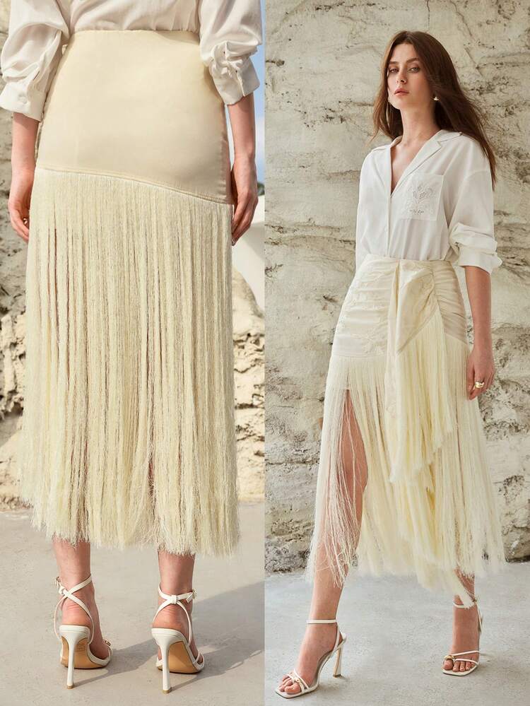 WOMEN'S LINEN EMBROIDERED TASSEL HEM RUCHED WAIST SKIRT