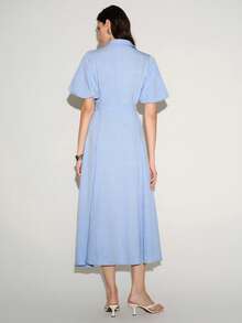 Lumivelle Women's Light Blue Simple Smart Casual French Elegant Summer Office Brunch Shirt Dress Collared Puff Sleeve Tie Waist A-Line Midi Teachers' Day - Blue - View 6