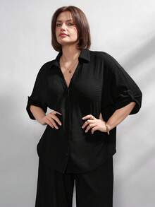 Chikora Plus Size Women's Solid Color Single-Breasted Top And Wide-Leg Pants Set, Suitable For Office Wear And Various Occasions In Summer - Black - View 8