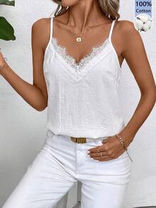 SHEIN Clasi 女士夏季休闲纯色蕾丝拼接吊带背心 - 白色 - 查看 4