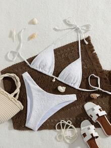 Swim Vcay 女款夏季海灘極簡波西米亞風蕾絲壓花紋理掛脖三角比基尼上衣配珍珠貝殼吊墜 + 高衩比基尼下褲，2件式泳衣套裝。非常適合春假、節慶和熱帶度假，這款純白色泳衣散發出乾淨、極簡的度假氛圍。白色蕾絲比基尼套裝。珍珠細節比基尼。紋理面料比基尼 - 白色 - 查看 7