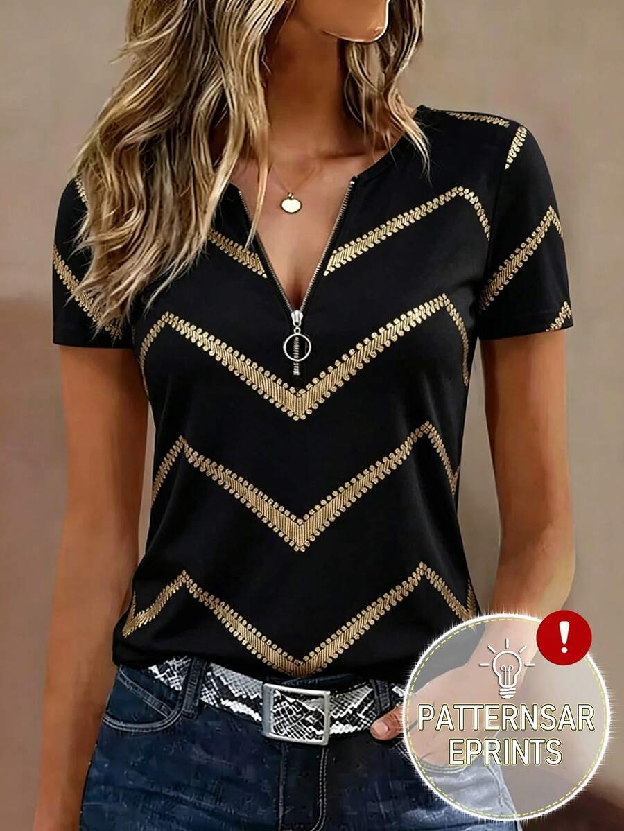 Selamara Ombre Wavy Striped Print V-Neck Casual Short Sleeve T-Shirt, Spring/Summer - Multicolor - View 1