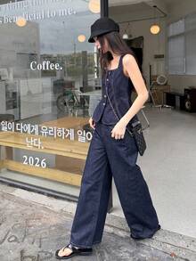 DAZY Bộ quần yếm denim hai mảnh dành cho nữ - Màu xanh lam - Xem 6
