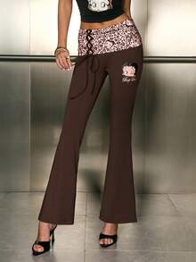 Betty Boop x SHEIN Women's Leopard Print Patchwork Flare Leggings, - Brown - View 1